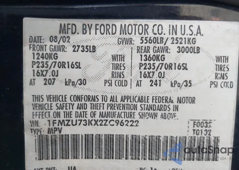 2002 Ford Explorer Xlt from USA, damaged, VIN 1FMZU73KX2ZC96222